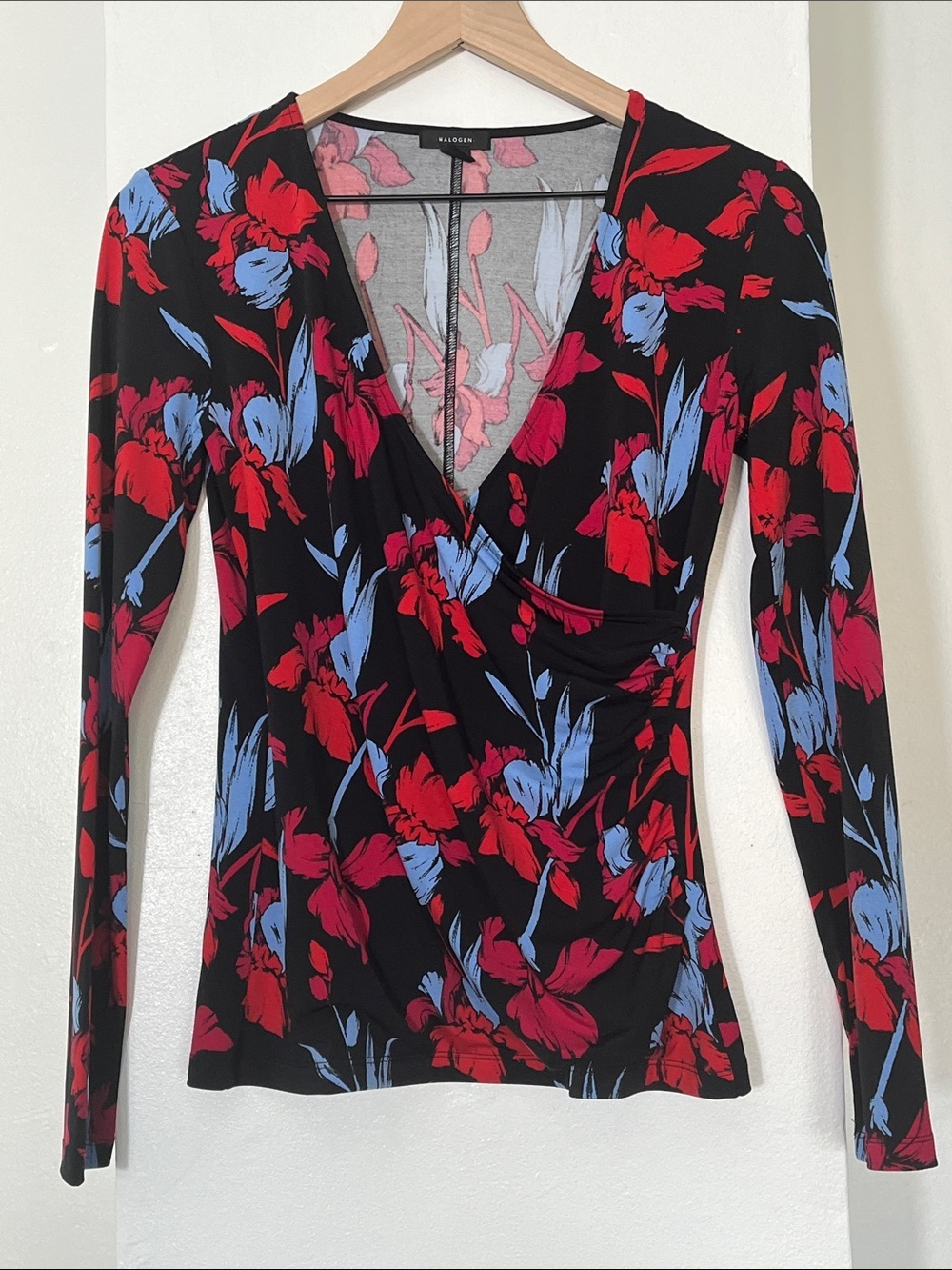 Halogen Black Long-Sleeve Floral Wrap Top with Red & Light Blue Blooms